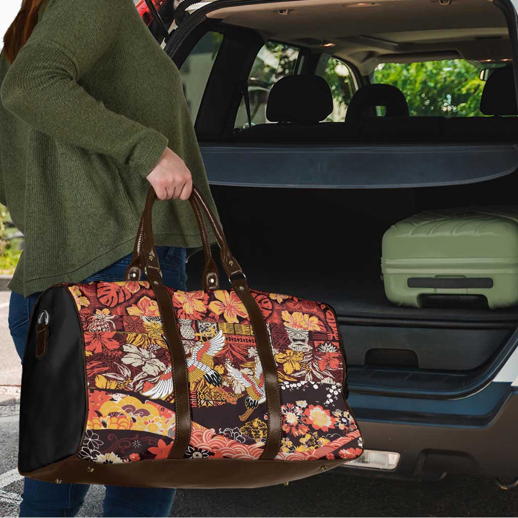Japanese Hawaiian Crane Travel Bag Yellow Ochre Tapa Patchwork Pattern LT9 - Polynesian Pride
