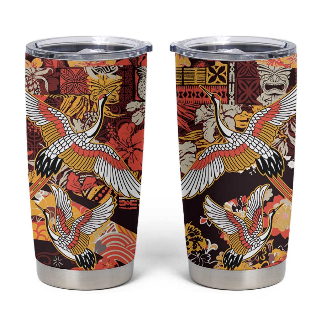 Japanese Hawaiian Crane Tumbler Cup Yellow Ochre Tapa Patchwork Pattern LT9 Yellow - Polynesian Pride
