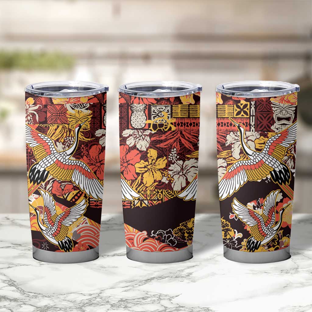 Japanese Hawaiian Crane Tumbler Cup Yellow Ochre Tapa Patchwork Pattern LT9 - Polynesian Pride