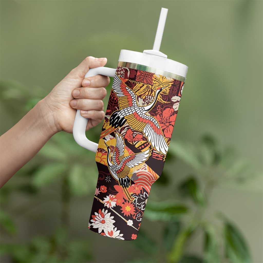 Japanese Hawaiian Crane Tumbler With Handle Yellow Ochre Tapa Patchwork Pattern LT9 - Polynesian Pride