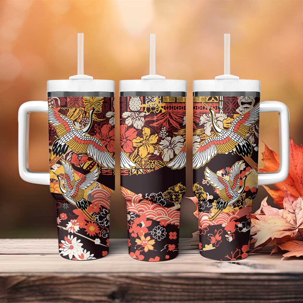 Japanese Hawaiian Crane Tumbler With Handle Yellow Ochre Tapa Patchwork Pattern LT9 - Polynesian Pride