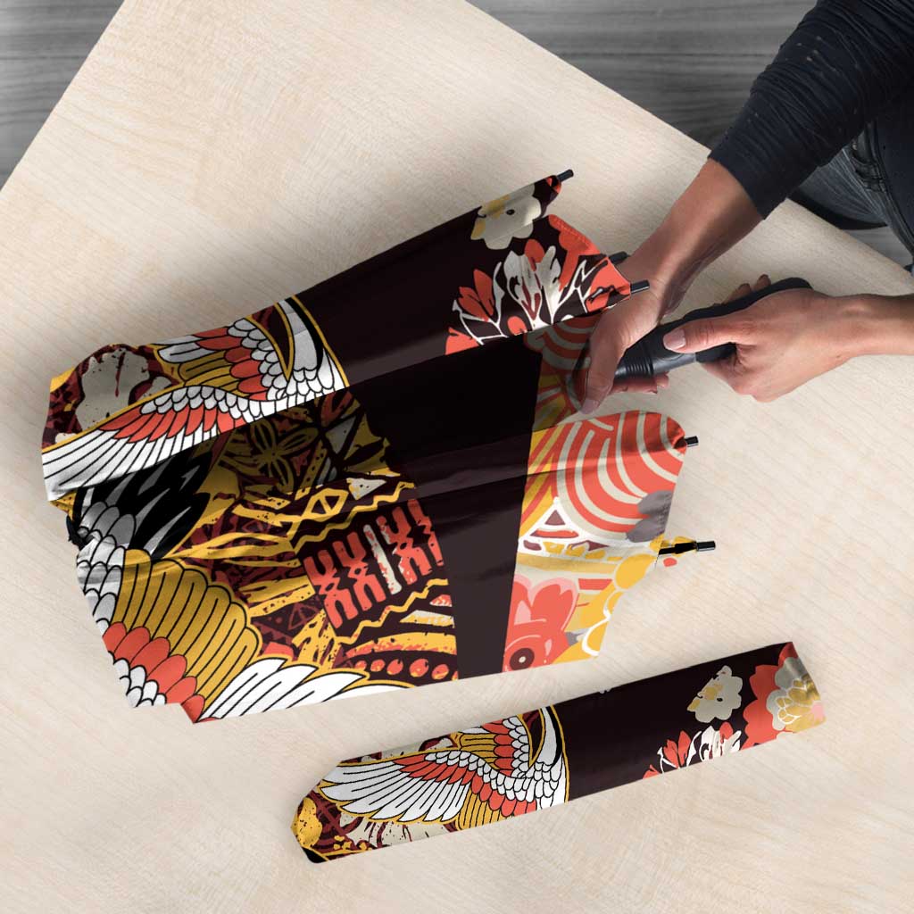 Japanese Hawaiian Crane Umbrella Yellow Ochre Tapa Patchwork Pattern LT9 - Polynesian Pride