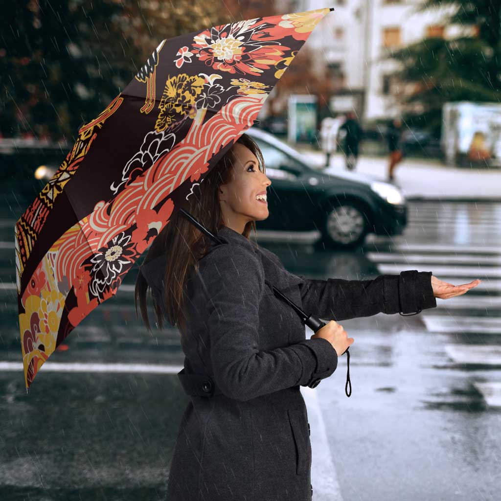 Japanese Hawaiian Crane Umbrella Yellow Ochre Tapa Patchwork Pattern LT9 - Polynesian Pride