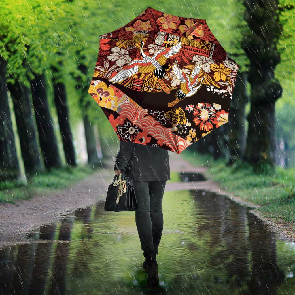 Japanese Hawaiian Crane Umbrella Yellow Ochre Tapa Patchwork Pattern LT9 - Polynesian Pride