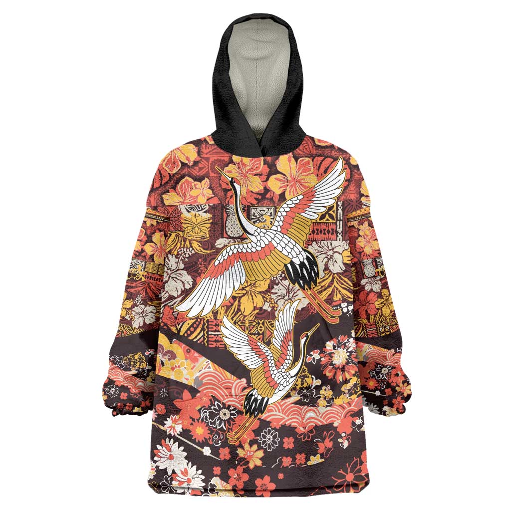Japanese Hawaiian Crane Wearable Blanket Hoodie Yellow Ochre Tapa Patchwork Pattern LT9 One Size Yellow - Polynesian Pride