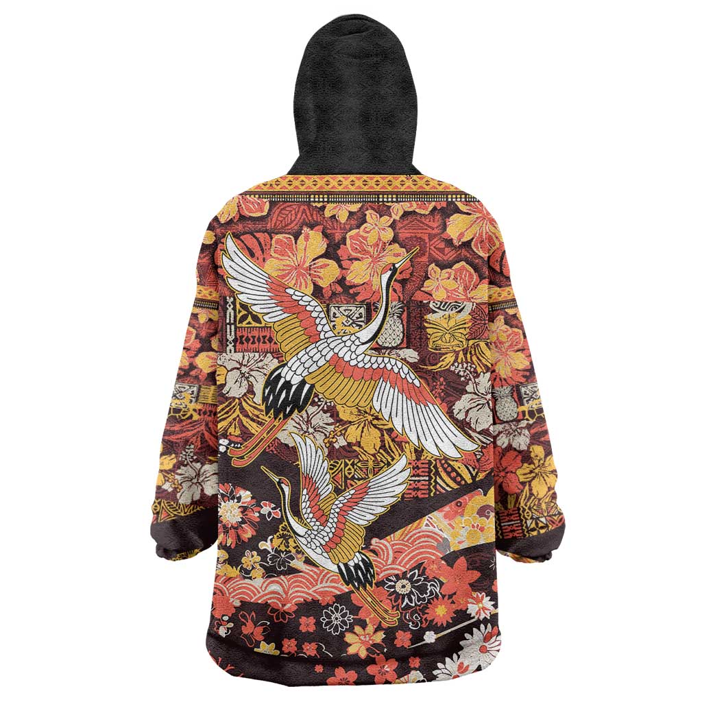 Japanese Hawaiian Crane Wearable Blanket Hoodie Yellow Ochre Tapa Patchwork Pattern LT9 - Polynesian Pride