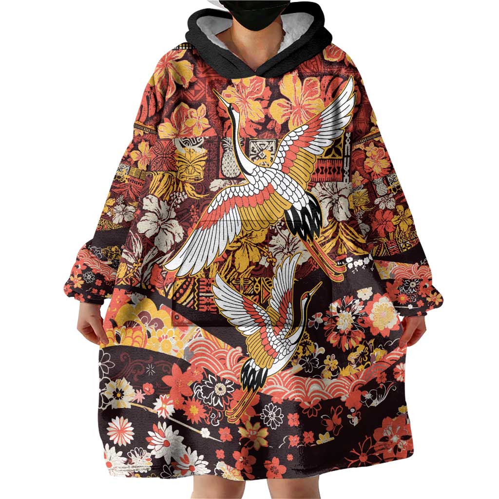 Japanese Hawaiian Crane Wearable Blanket Hoodie Yellow Ochre Tapa Patchwork Pattern LT9 - Polynesian Pride