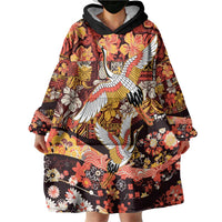 Japanese Hawaiian Crane Wearable Blanket Hoodie Yellow Ochre Tapa Patchwork Pattern LT9 - Polynesian Pride