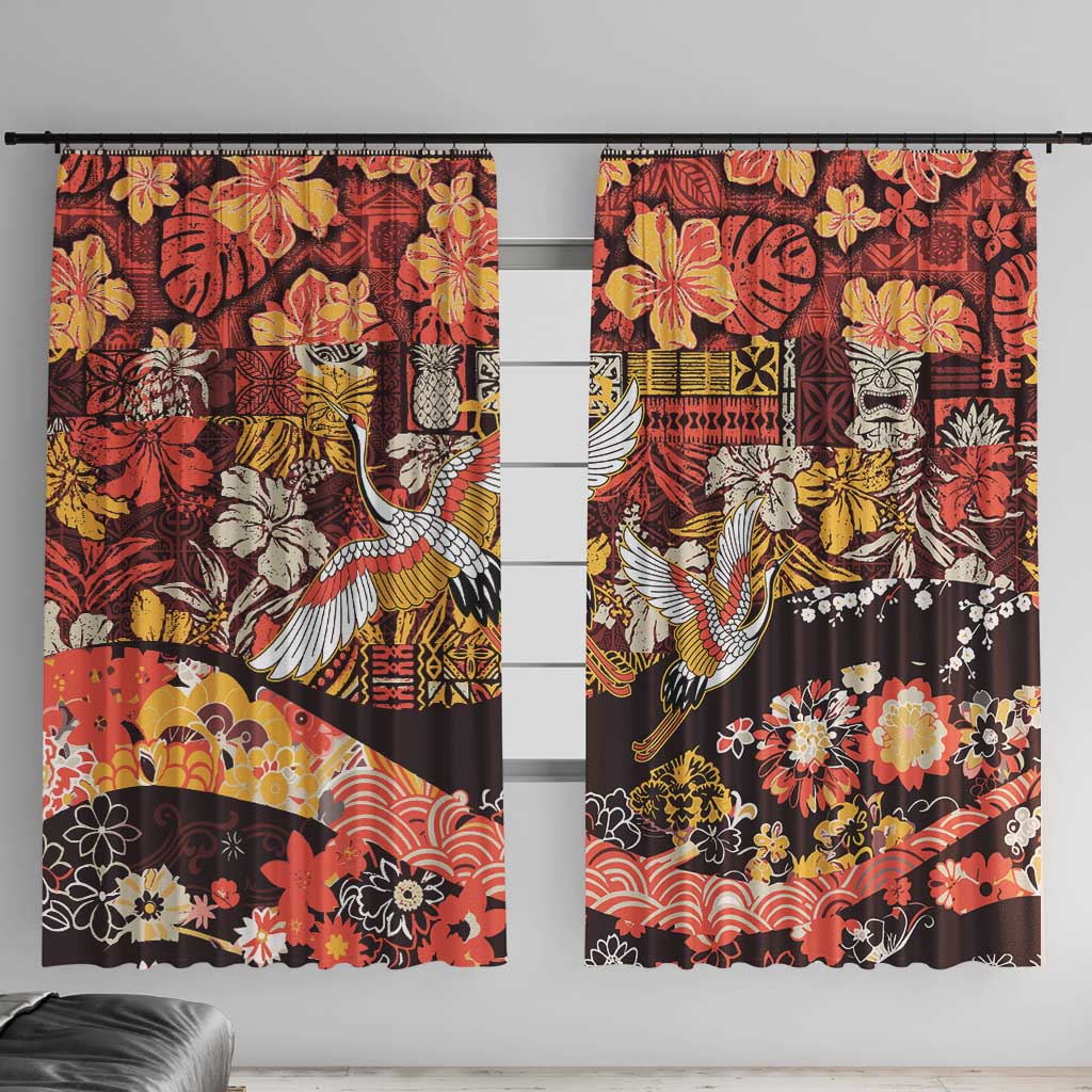 Japanese Hawaiian Crane Window Curtain Yellow Ochre Tapa Patchwork Pattern LT9 With Hooks Yellow - Polynesian Pride