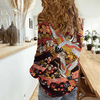 Japanese Hawaiian Crane Women Casual Shirt Yellow Ochre Tapa Patchwork Pattern LT9 - Polynesian Pride