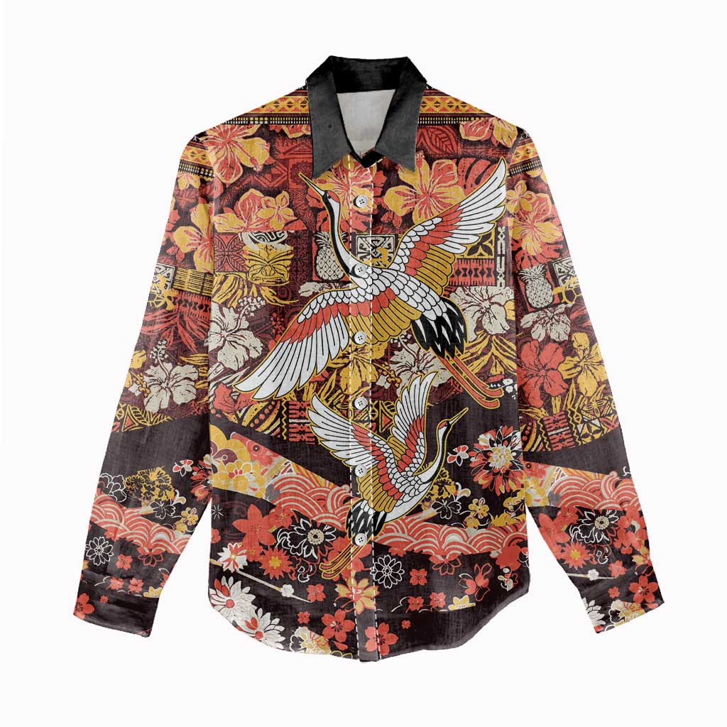 Japanese Hawaiian Crane Women Casual Shirt Yellow Ochre Tapa Patchwork Pattern LT9 - Polynesian Pride