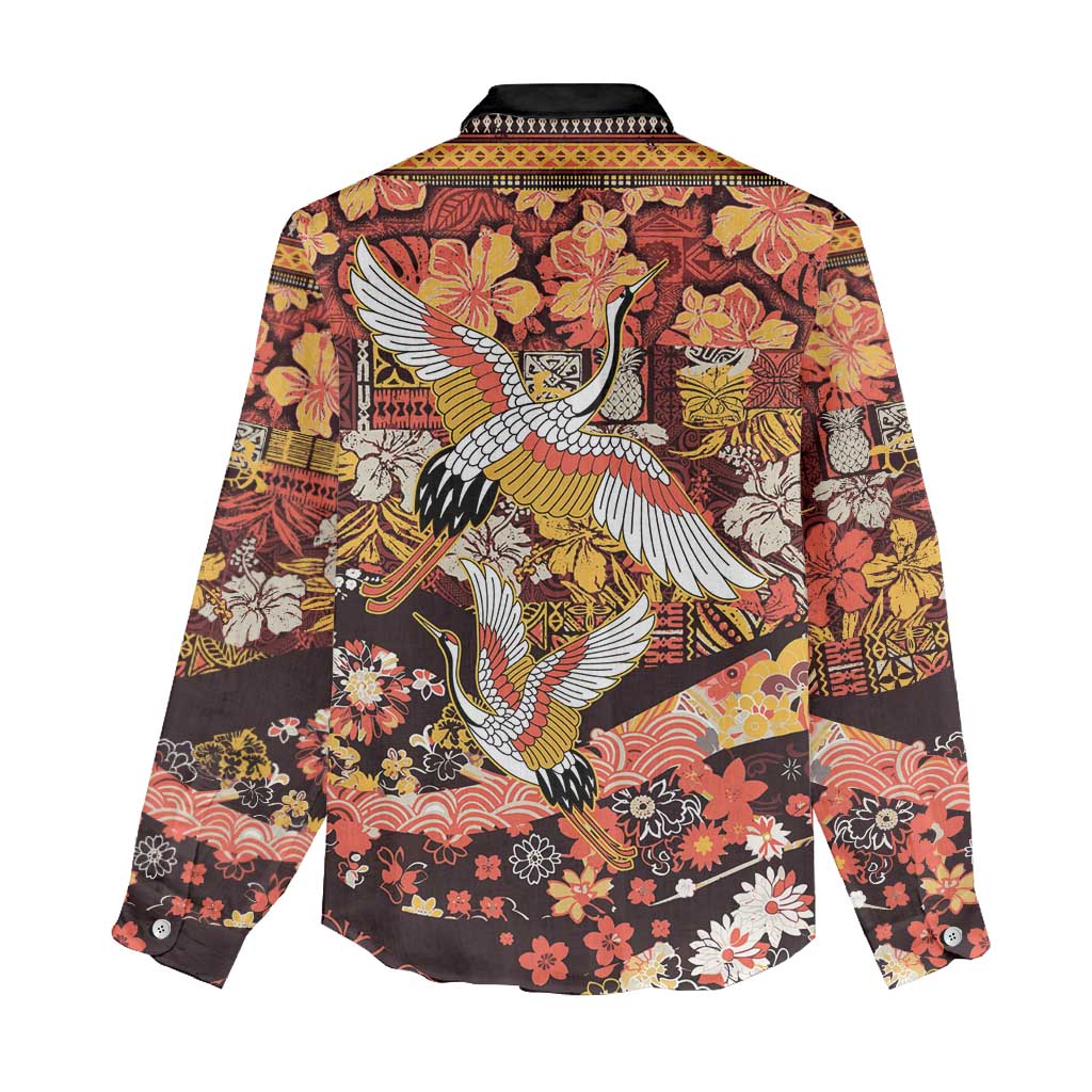 Japanese Hawaiian Crane Women Casual Shirt Yellow Ochre Tapa Patchwork Pattern LT9 - Polynesian Pride