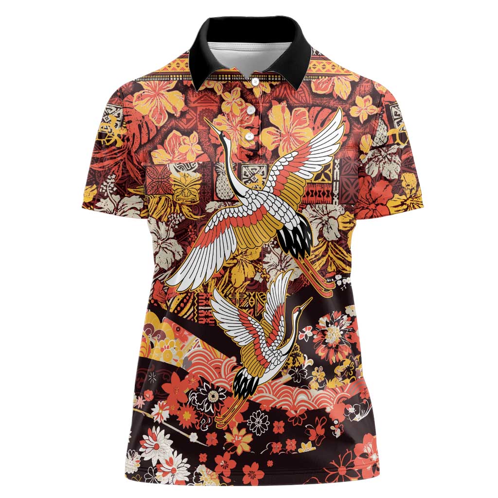 Japanese Hawaiian Crane Women Polo Shirt Yellow Ochre Tapa Patchwork Pattern LT9 Female Yellow - Polynesian Pride