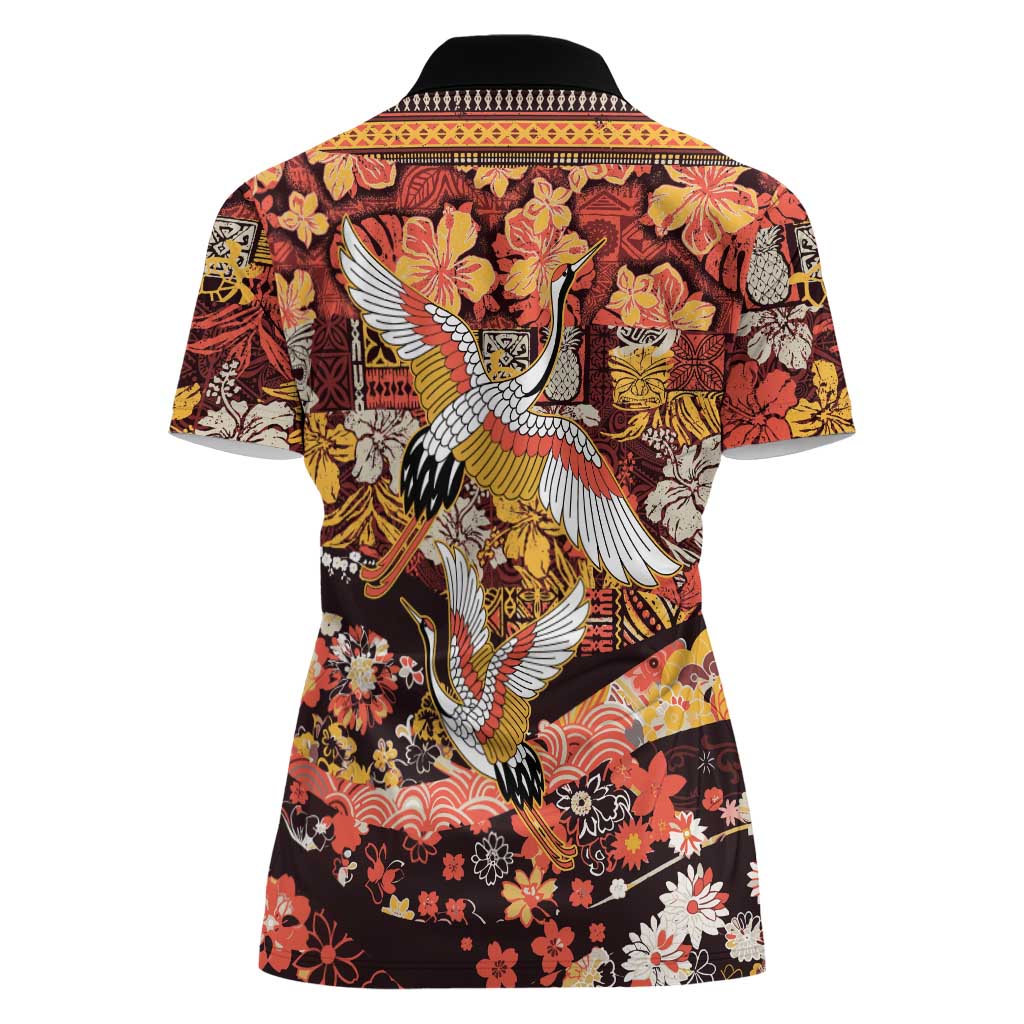 Japanese Hawaiian Crane Women Polo Shirt Yellow Ochre Tapa Patchwork Pattern LT9 - Polynesian Pride