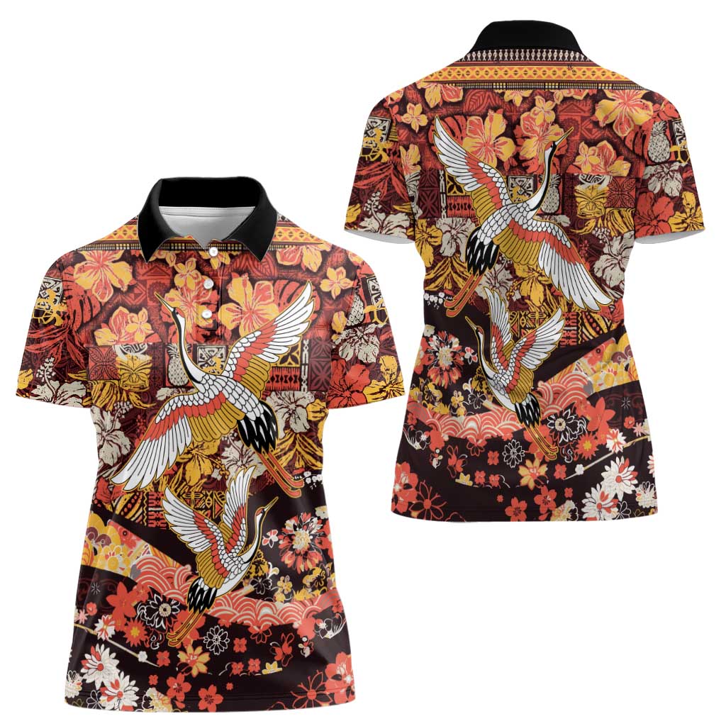 Japanese Hawaiian Crane Women Polo Shirt Yellow Ochre Tapa Patchwork Pattern LT9 - Polynesian Pride