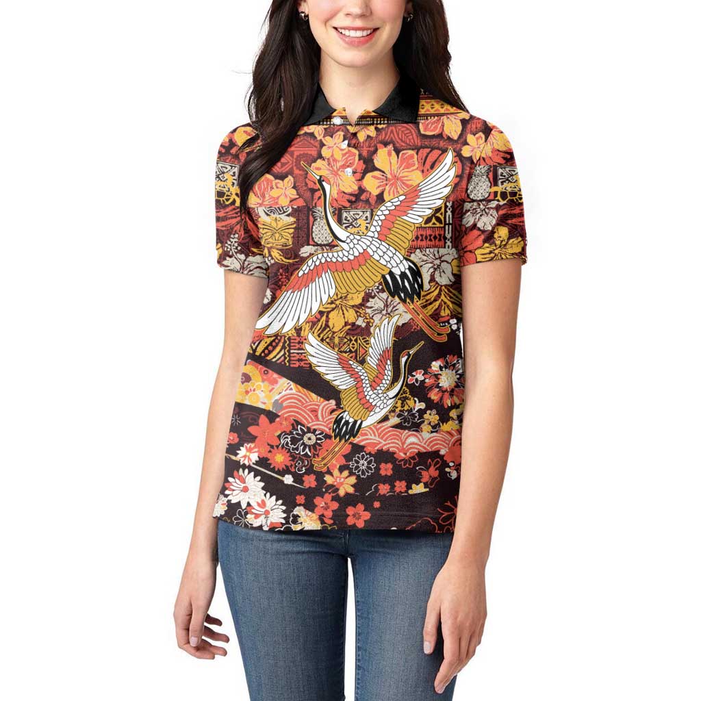 Japanese Hawaiian Crane Women Polo Shirt Yellow Ochre Tapa Patchwork Pattern LT9 - Polynesian Pride