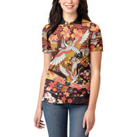 Japanese Hawaiian Crane Women Polo Shirt Yellow Ochre Tapa Patchwork Pattern LT9 - Polynesian Pride