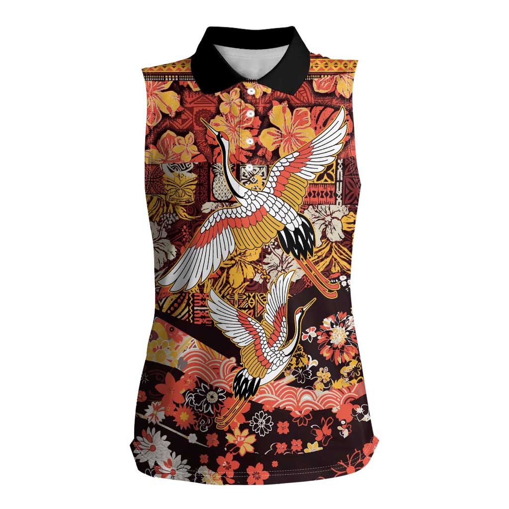 Japanese Hawaiian Crane Women Sleeveless Polo Shirt Yellow Ochre Tapa Patchwork Pattern LT9 Female Yellow - Polynesian Pride