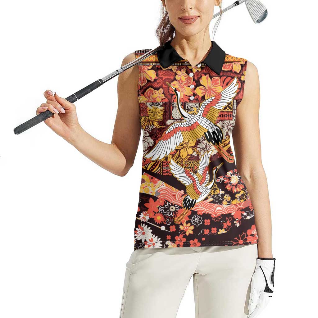 Japanese Hawaiian Crane Women Sleeveless Polo Shirt Yellow Ochre Tapa Patchwork Pattern LT9 - Polynesian Pride