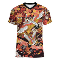 Japanese Hawaiian Crane Women V-Neck T-Shirt Yellow Ochre Tapa Patchwork Pattern LT9 Female Yellow - Polynesian Pride