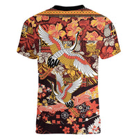 Japanese Hawaiian Crane Women V-Neck T-Shirt Yellow Ochre Tapa Patchwork Pattern LT9 - Polynesian Pride
