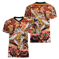 Japanese Hawaiian Crane Women V-Neck T-Shirt Yellow Ochre Tapa Patchwork Pattern LT9 - Polynesian Pride