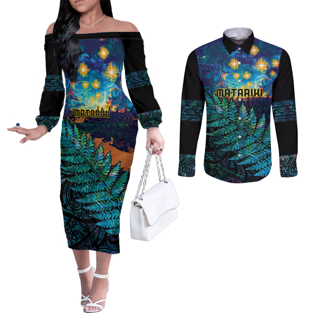 Matariki Te Tau Hou Maori Couples Matching Off The Shoulder Long Sleeve Dress and Long Sleeve Button Shirt New Zealand Silver Fern Night Starry Sky