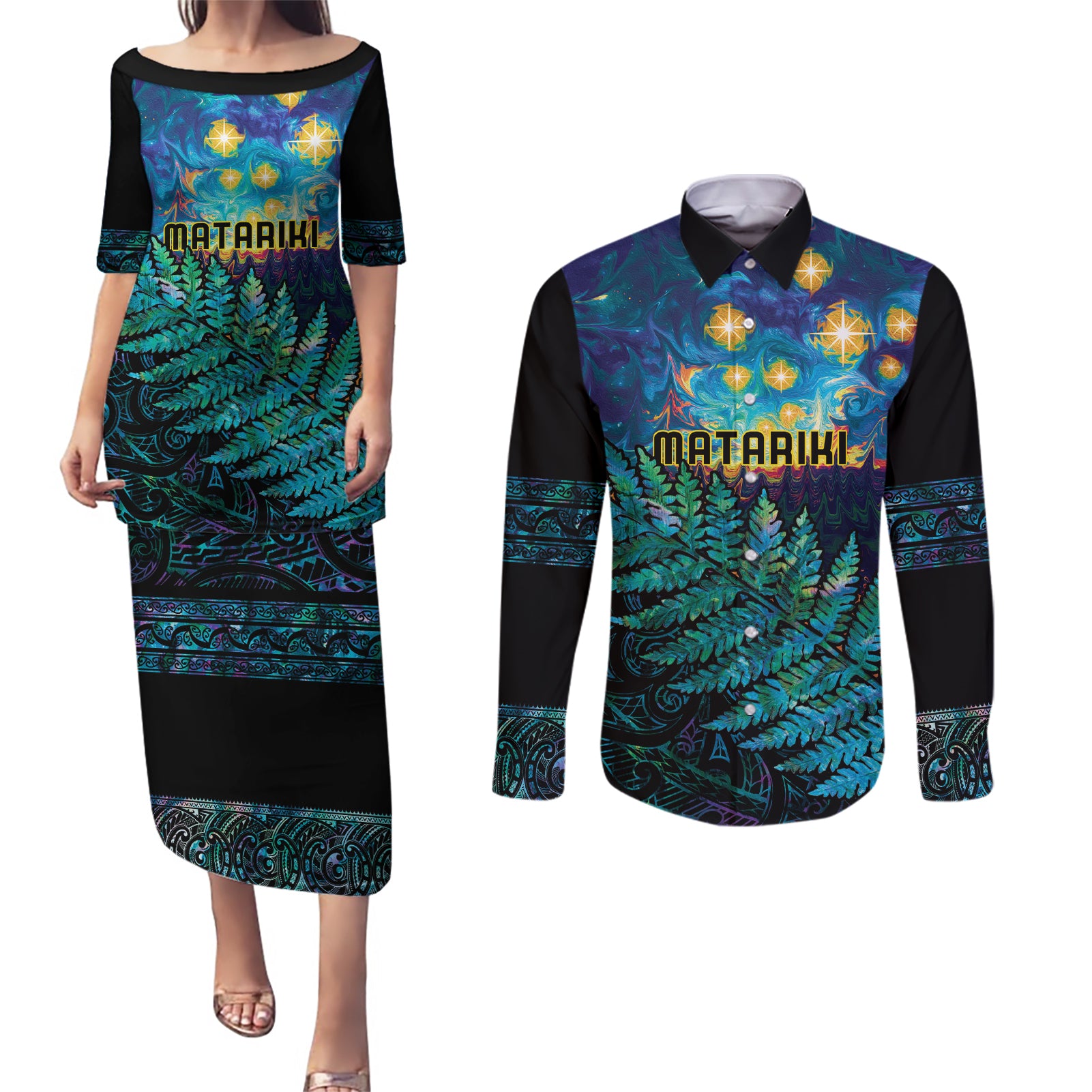 Matariki Te Tau Hou Maori Couples Matching Puletasi and Long Sleeve Button Shirt New Zealand Silver Fern Night Starry Sky