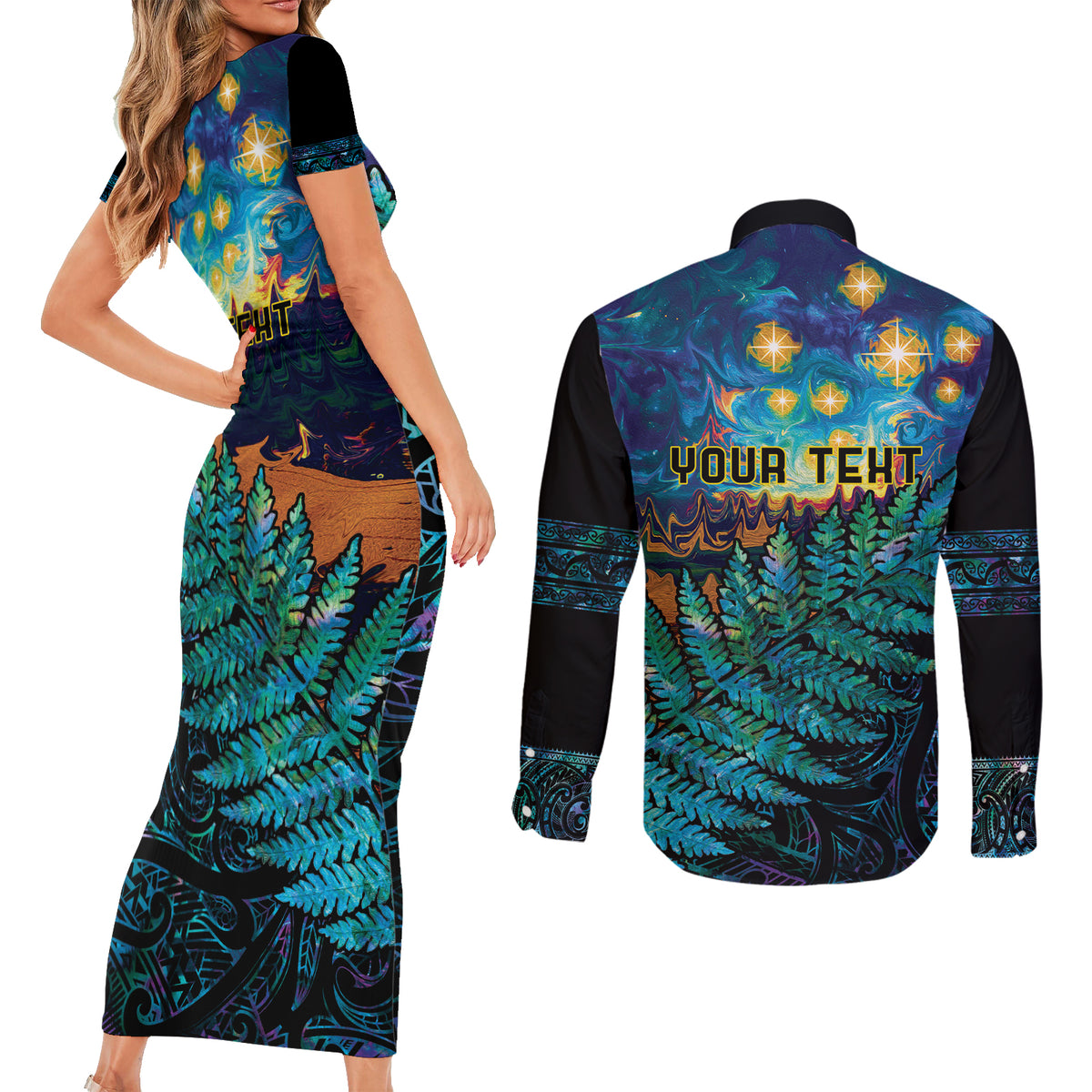 Matariki Te Tau Hou Maori Couples Matching Short Sleeve Bodycon Dress and Long Sleeve Button Shirt New Zealand Silver Fern Night Starry Sky