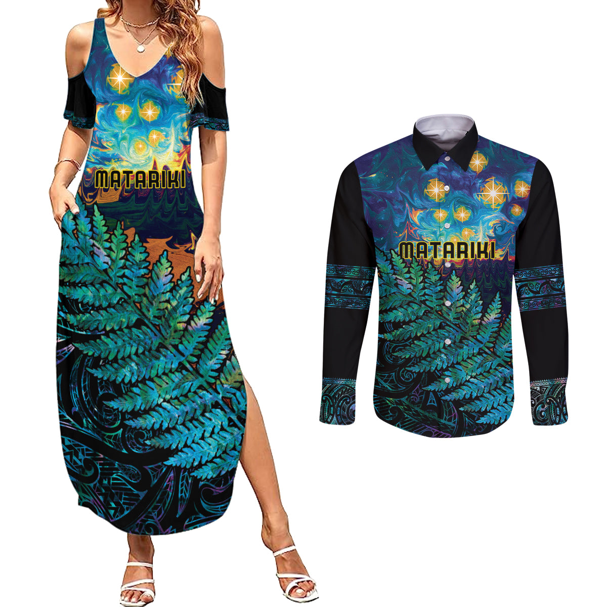 Matariki Te Tau Hou Maori Couples Matching Summer Maxi Dress and Long Sleeve Button Shirt New Zealand Silver Fern Night Starry Sky