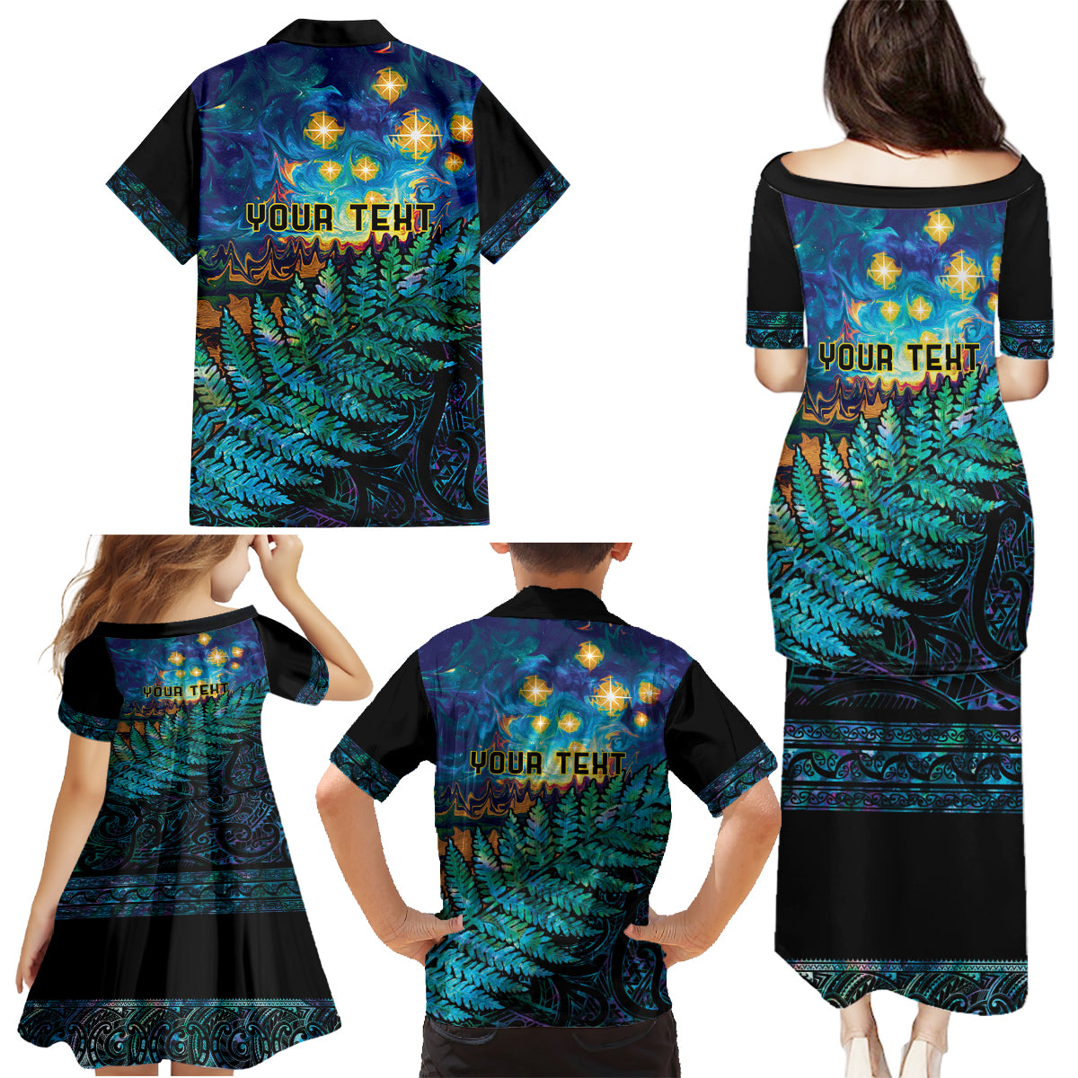 Matariki Te Tau Hou Maori Family Matching Puletasi and Hawaiian Shirt New Zealand Silver Fern Night Starry Sky