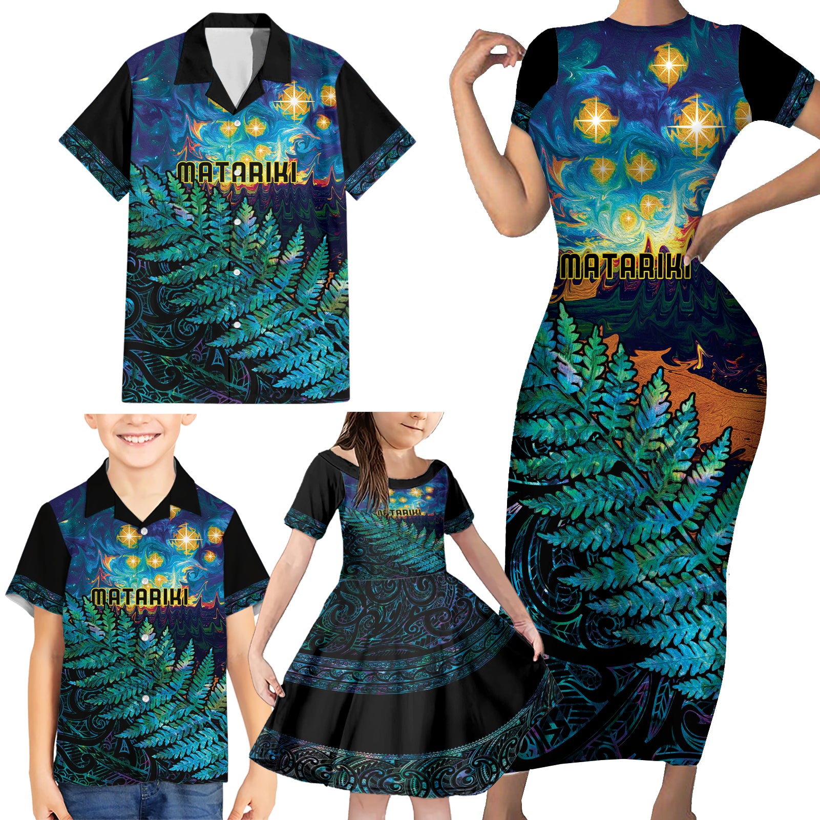 Matariki Te Tau Hou Maori Family Matching Short Sleeve Bodycon Dress and Hawaiian Shirt New Zealand Silver Fern Night Starry Sky