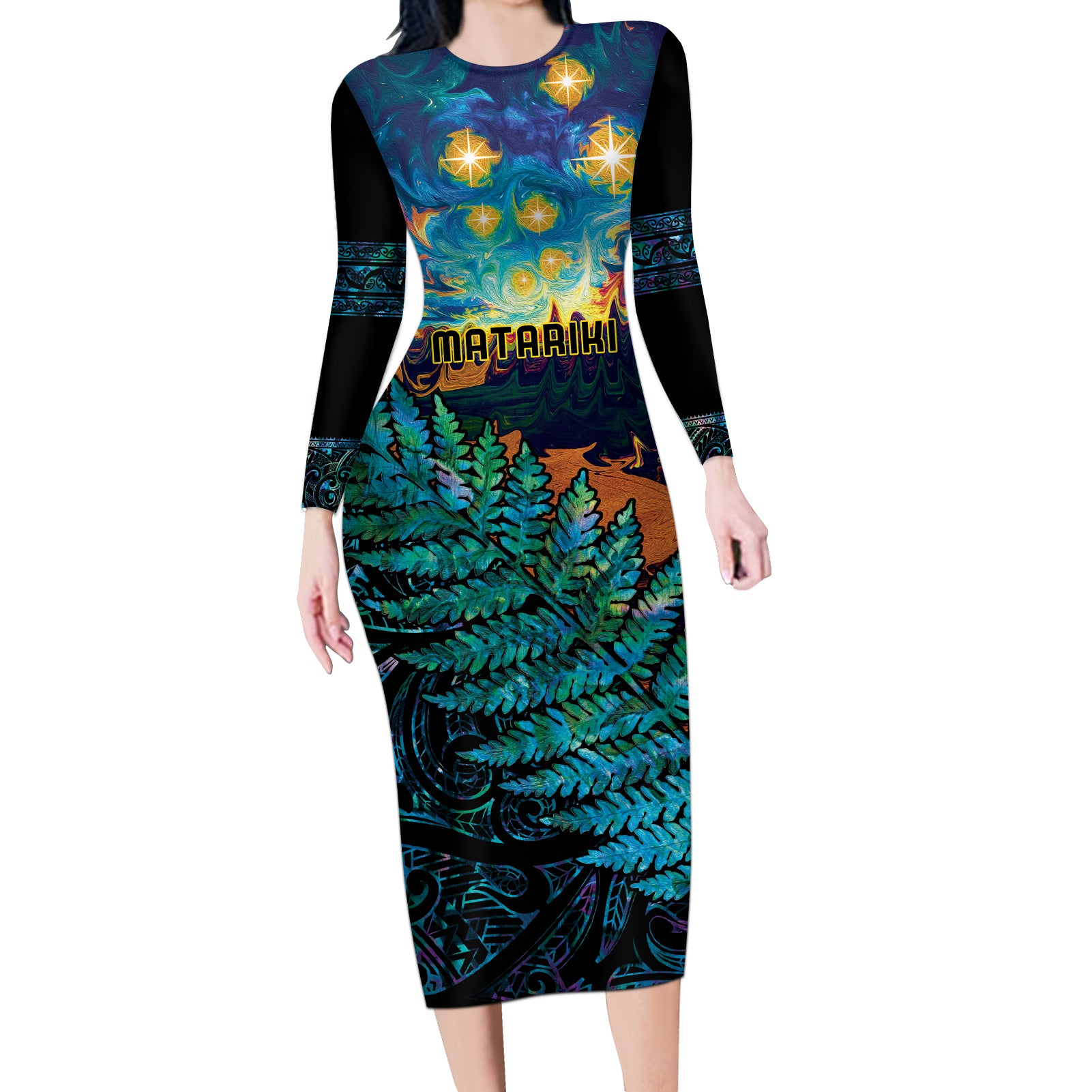 Matariki Te Tau Hou Maori Long Sleeve Bodycon Dress New Zealand Silver Fern Night Starry Sky