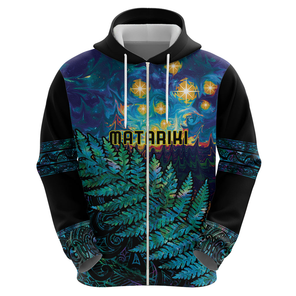 Matariki Te Tau Hou Maori Zip Hoodie New Zealand Silver Fern Night Starry Sky