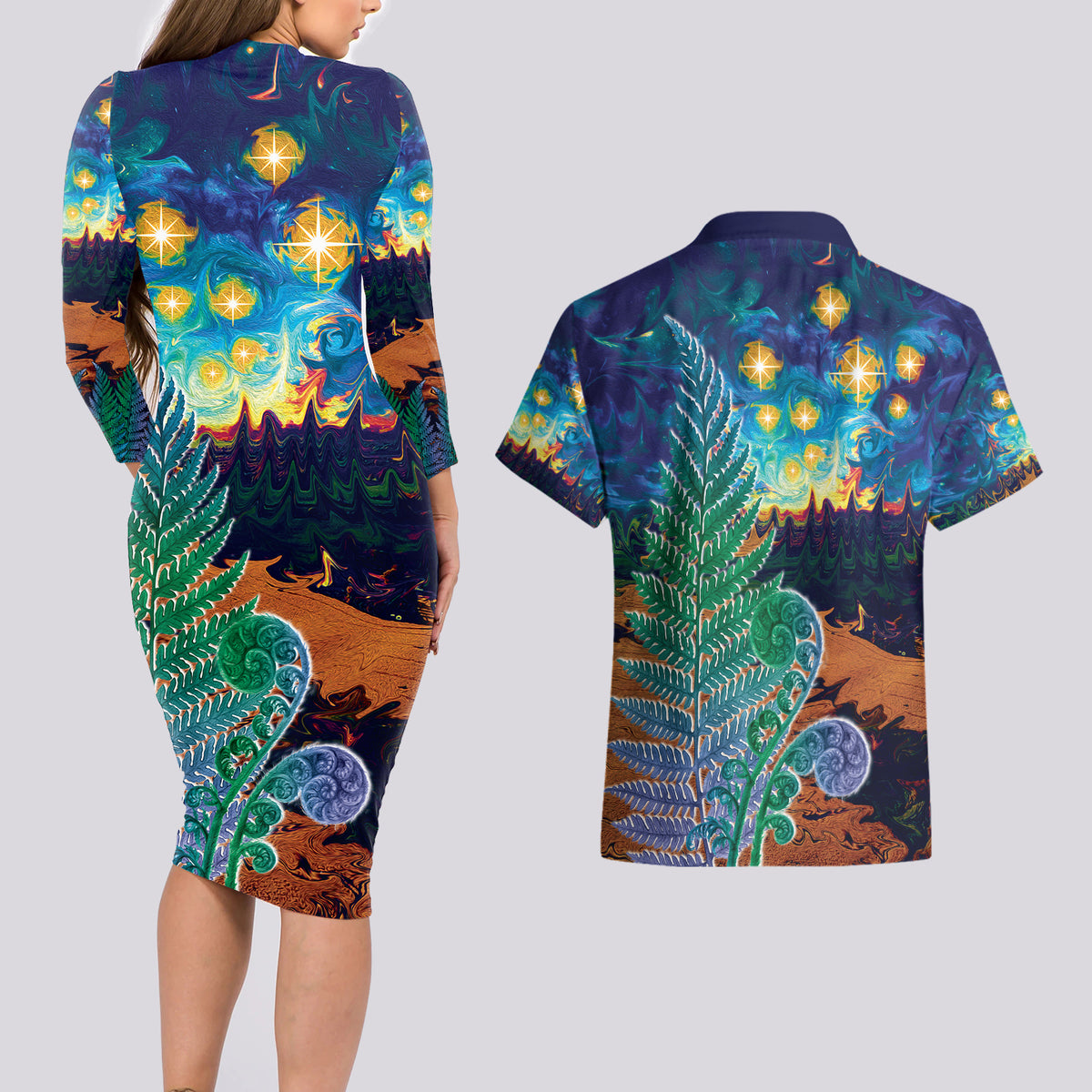Personalised New Zealand Matariki Art Star Couples Matching Long Sleeve Bodycon Dress and Hawaiian Shirt Koru Fern Night Starry Sky