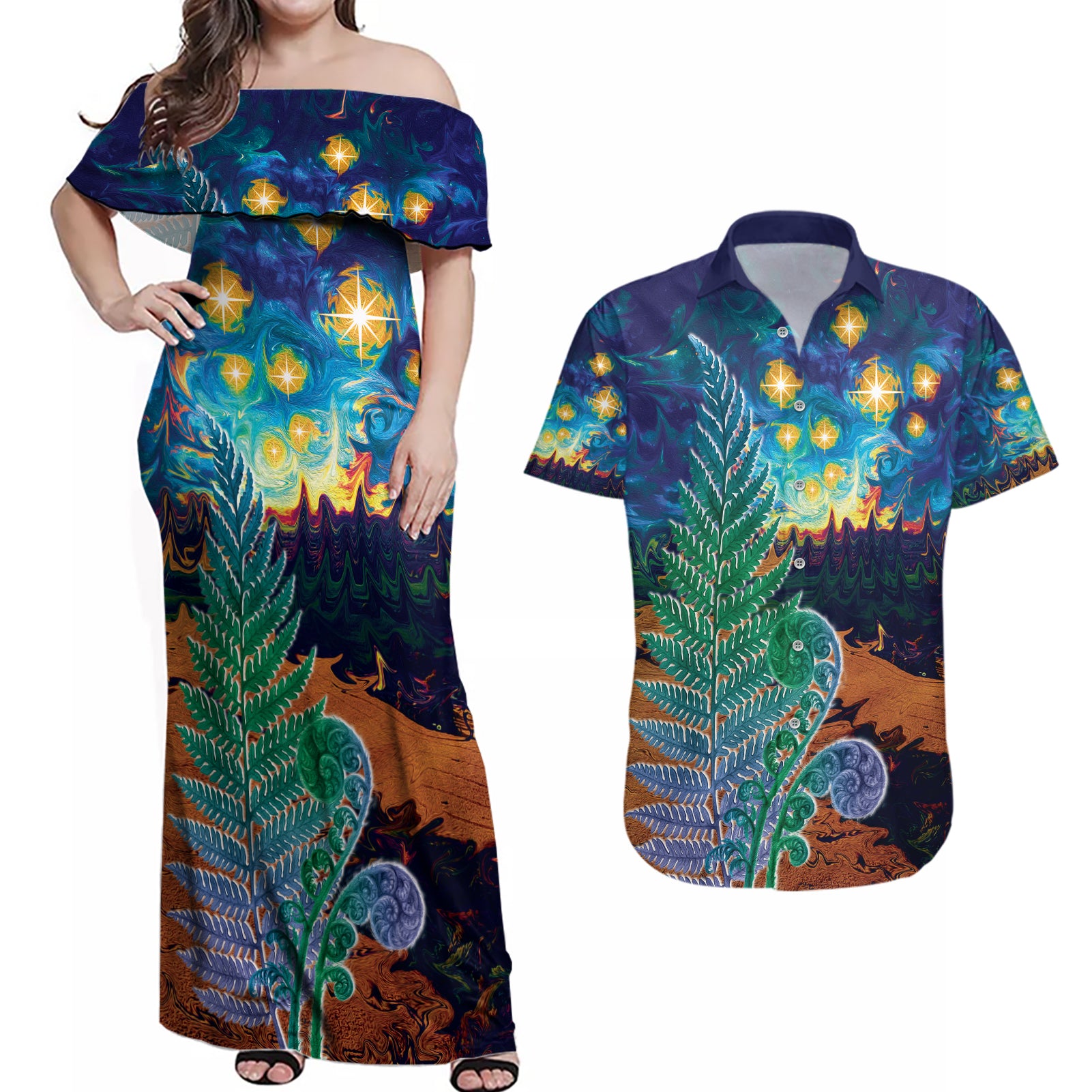 Personalised New Zealand Matariki Art Star Couples Matching Off Shoulder Maxi Dress and Hawaiian Shirt Koru Fern Night Starry Sky