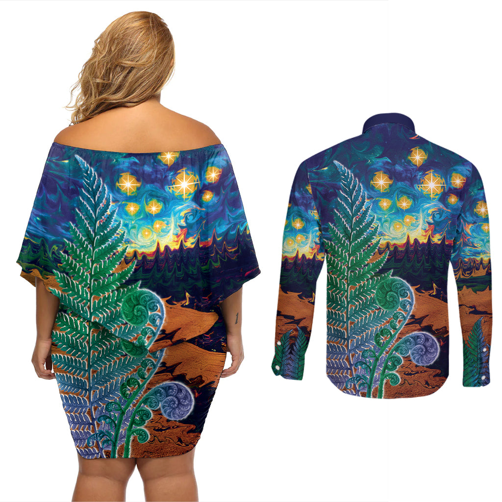 Personalised New Zealand Matariki Art Star Couples Matching Off Shoulder Short Dress and Long Sleeve Button Shirt Koru Fern Night Starry Sky