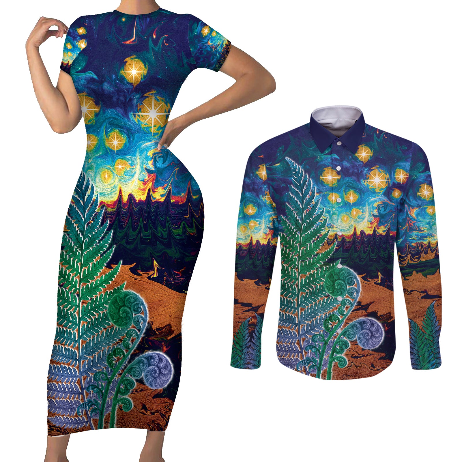 Personalised New Zealand Matariki Art Star Couples Matching Short Sleeve Bodycon Dress and Long Sleeve Button Shirt Koru Fern Night Starry Sky