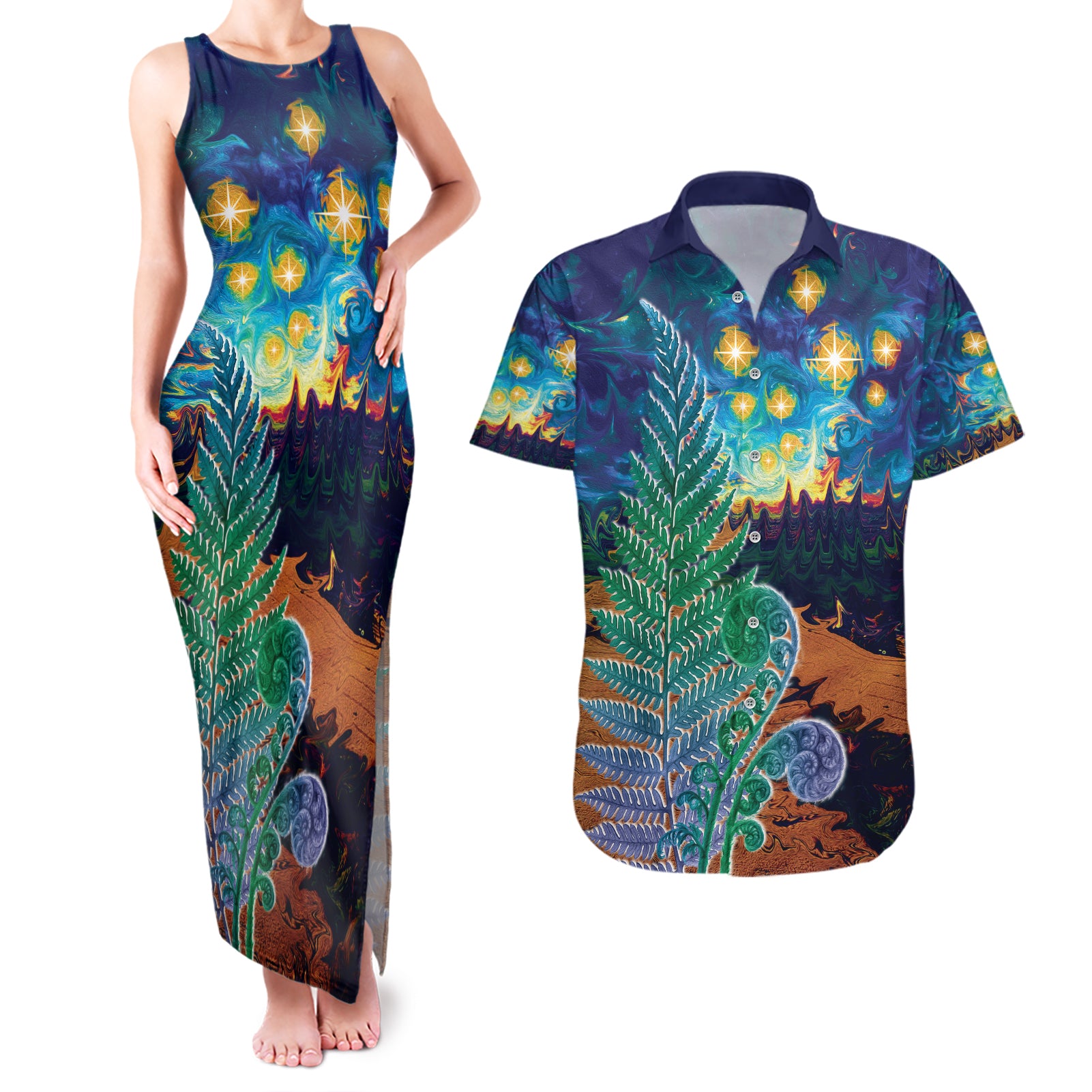 Personalised New Zealand Matariki Art Star Couples Matching Tank Maxi Dress and Hawaiian Shirt Koru Fern Night Starry Sky