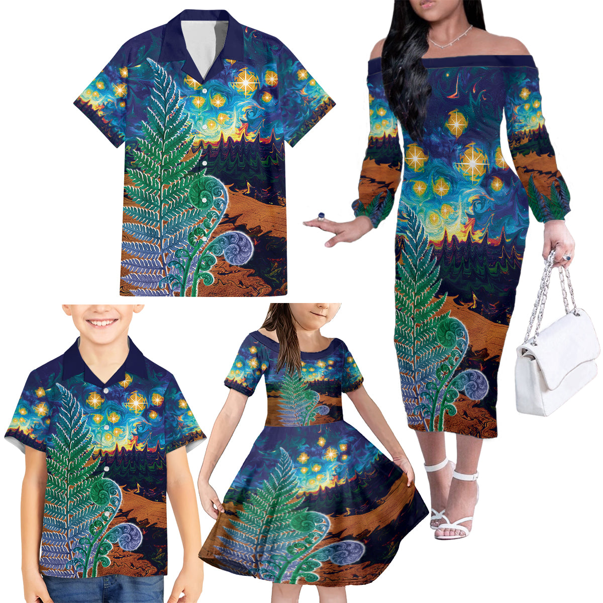 Personalised New Zealand Matariki Art Star Family Matching Off The Shoulder Long Sleeve Dress and Hawaiian Shirt Koru Fern Night Starry Sky