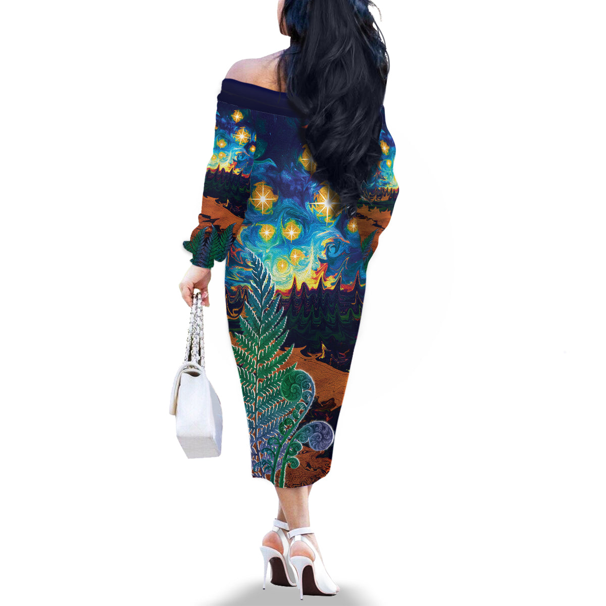 Personalised New Zealand Matariki Art Star Family Matching Off The Shoulder Long Sleeve Dress and Hawaiian Shirt Koru Fern Night Starry Sky