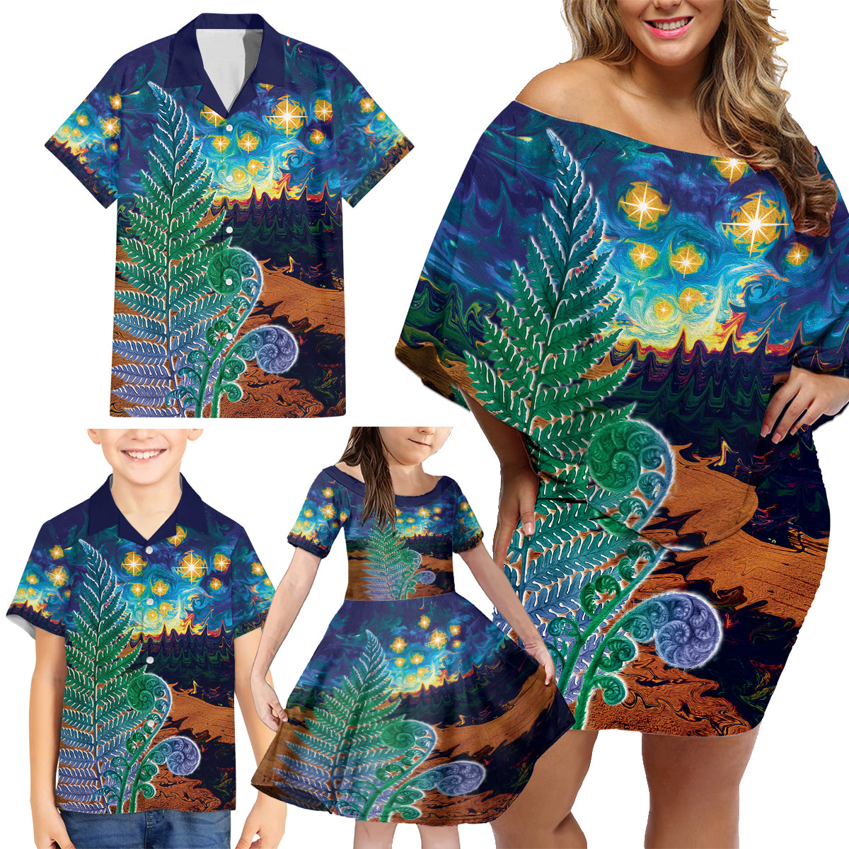 Personalised New Zealand Matariki Art Star Family Matching Off Shoulder Short Dress and Hawaiian Shirt Koru Fern Night Starry Sky