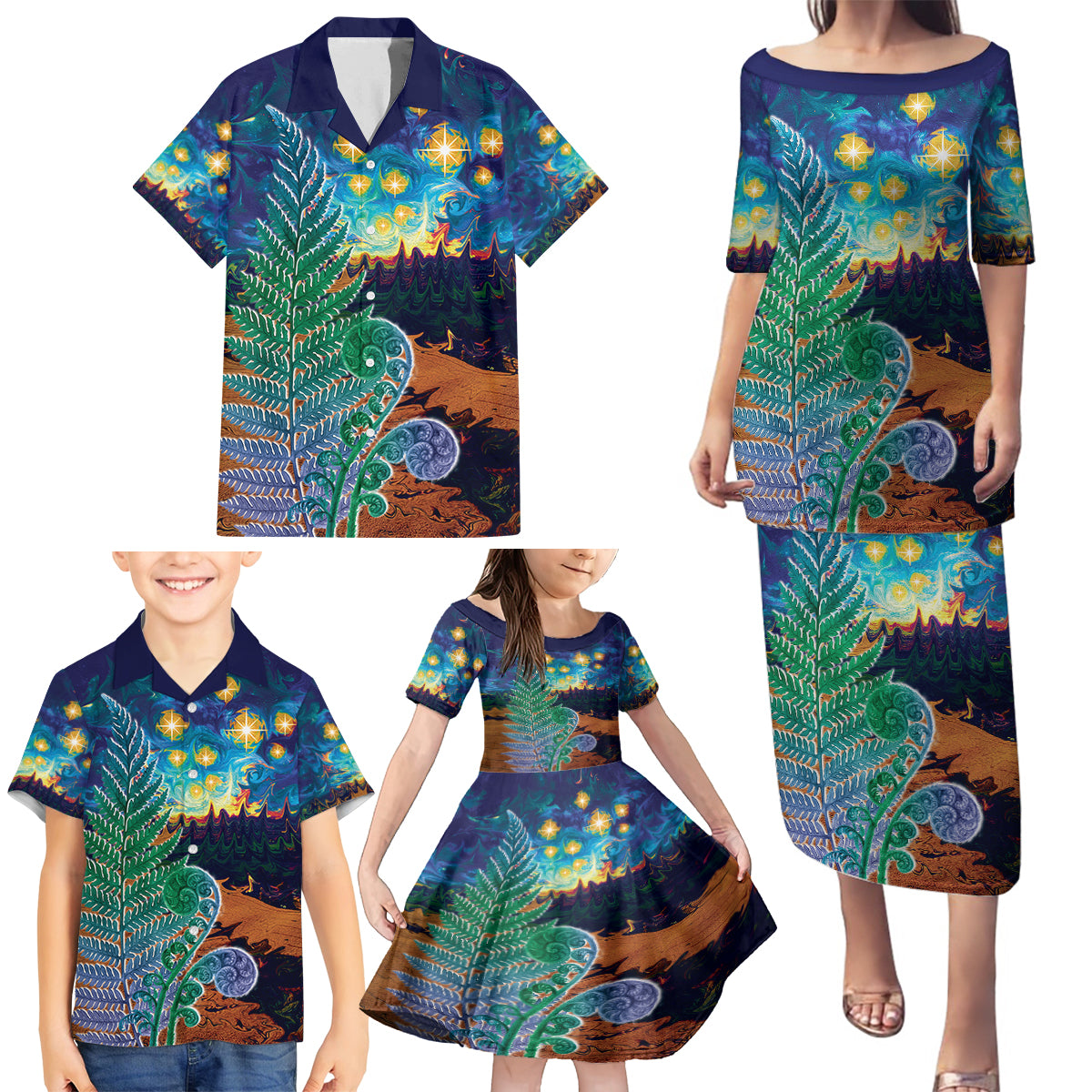 Personalised New Zealand Matariki Art Star Family Matching Puletasi and Hawaiian Shirt Koru Fern Night Starry Sky