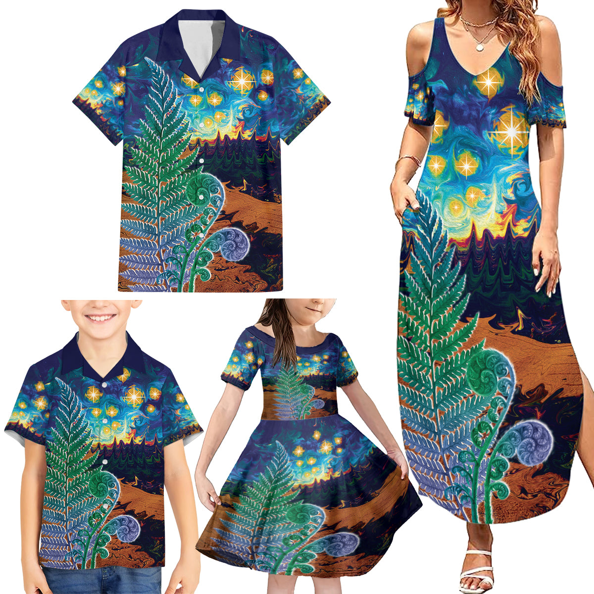 Personalised New Zealand Matariki Art Star Family Matching Summer Maxi Dress and Hawaiian Shirt Koru Fern Night Starry Sky