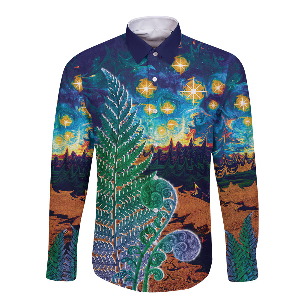 Personalised New Zealand Matariki Art Star Long Sleeve Button Shirt Koru Fern Night Starry Sky