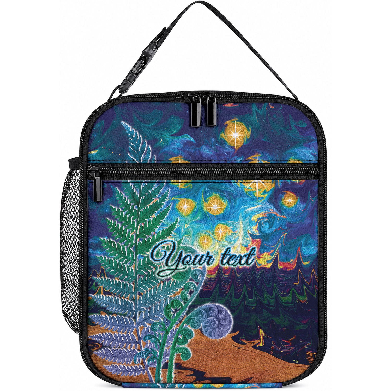 Personalised New Zealand Matariki Art Star Lunch Bag Koru Fern Night Starry Sky LT9 10.2 × 8.3 × 4.3 inch Black - Polynesian Pride