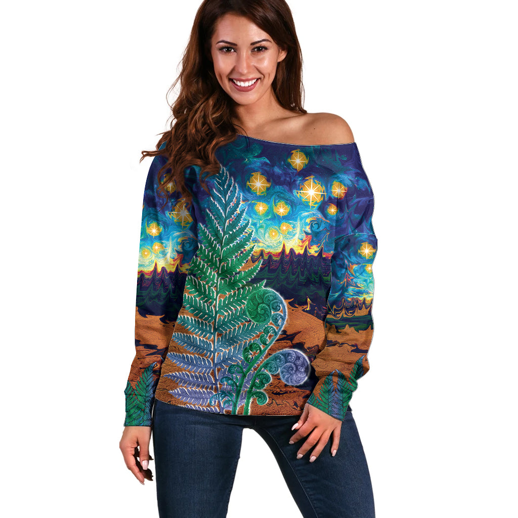 Personalised New Zealand Matariki Art Star Off Shoulder Sweater Koru Fern Night Starry Sky