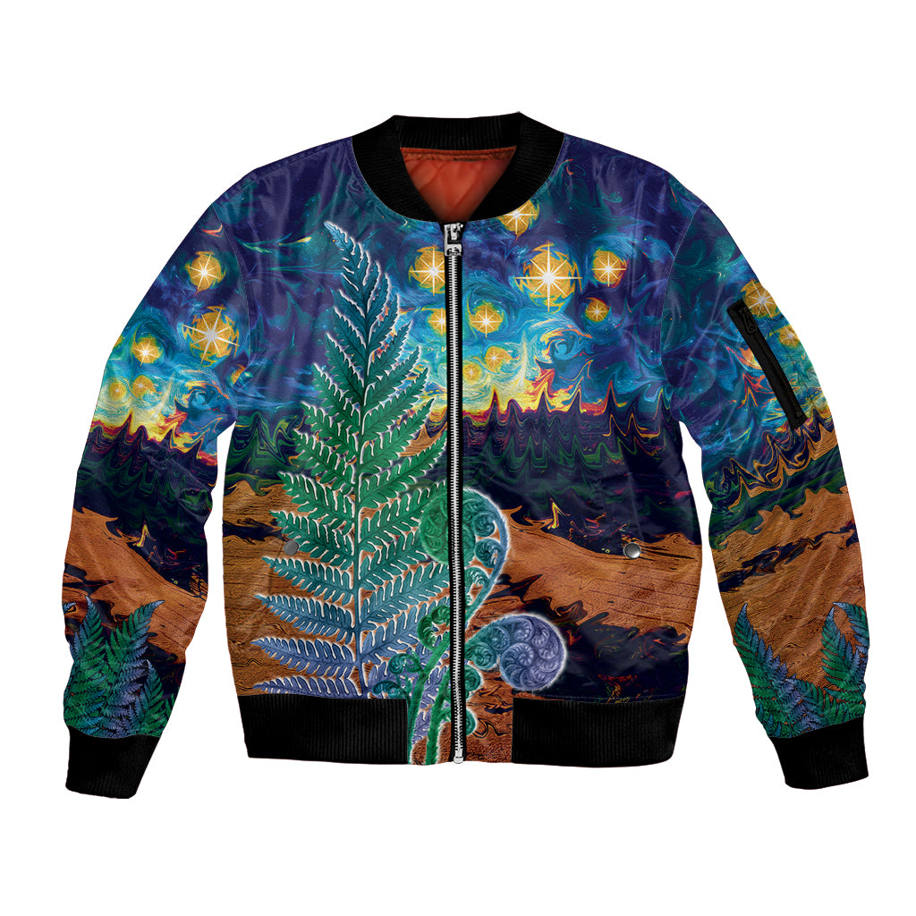 Personalised New Zealand Matariki Art Star Sleeve Zip Bomber Jacket Koru Fern Night Starry Sky