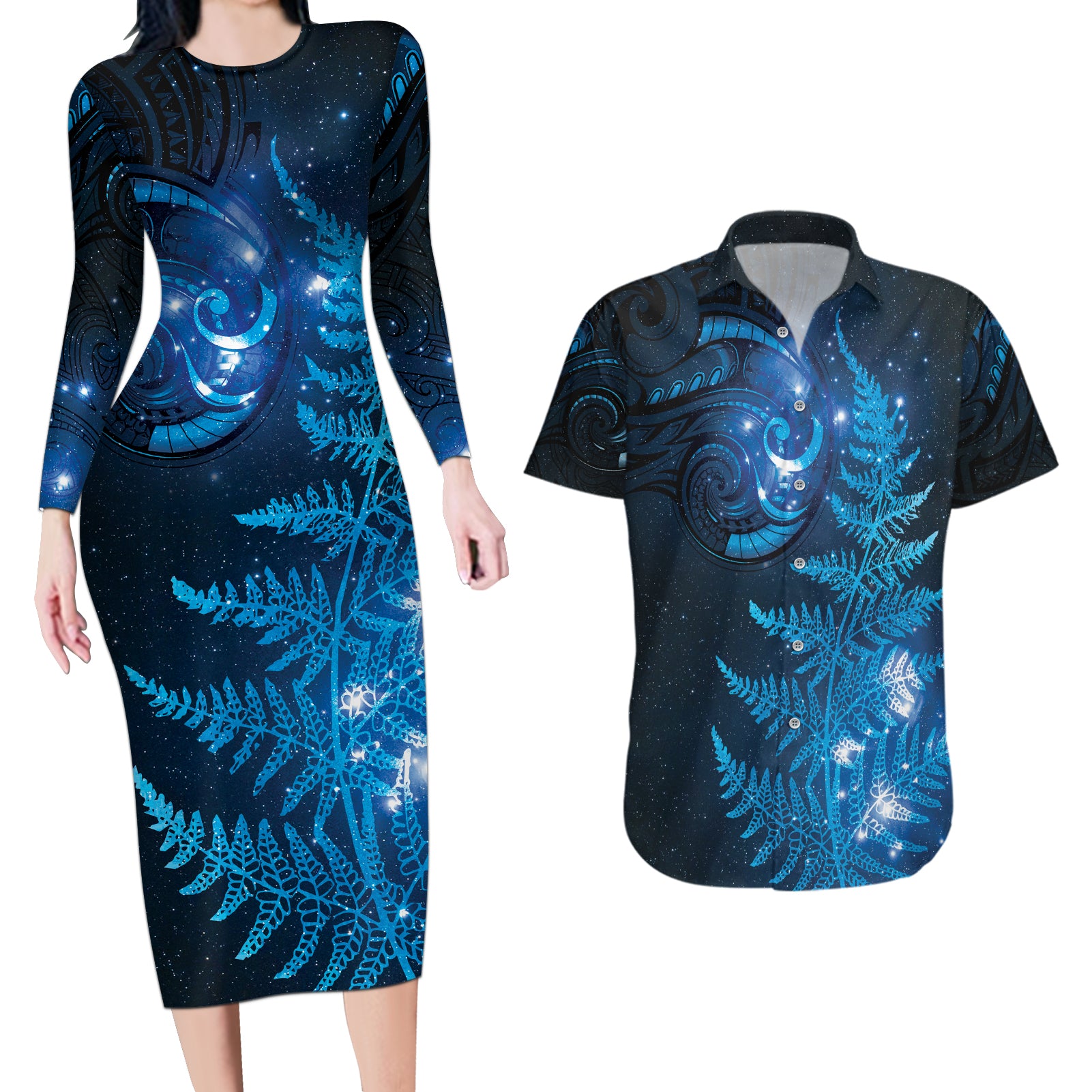 New Zealand Matariki Couples Matching Long Sleeve Bodycon Dress and Hawaiian Shirt Blue Milky Way Stars Night Sky