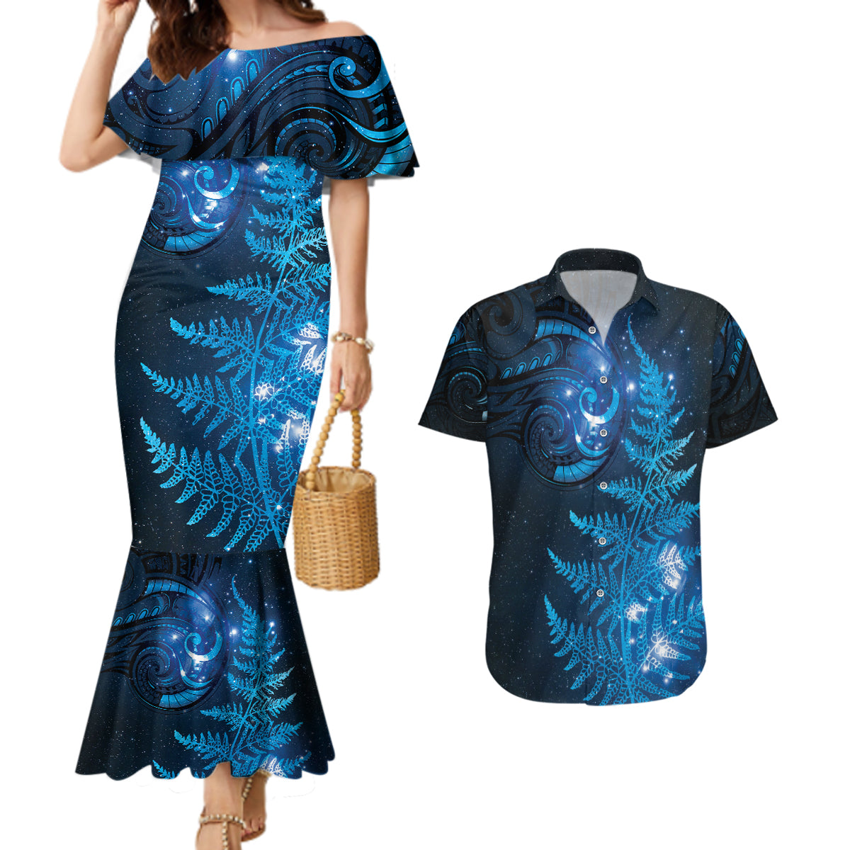 New Zealand Matariki Couples Matching Mermaid Dress and Hawaiian Shirt Blue Milky Way Stars Night Sky